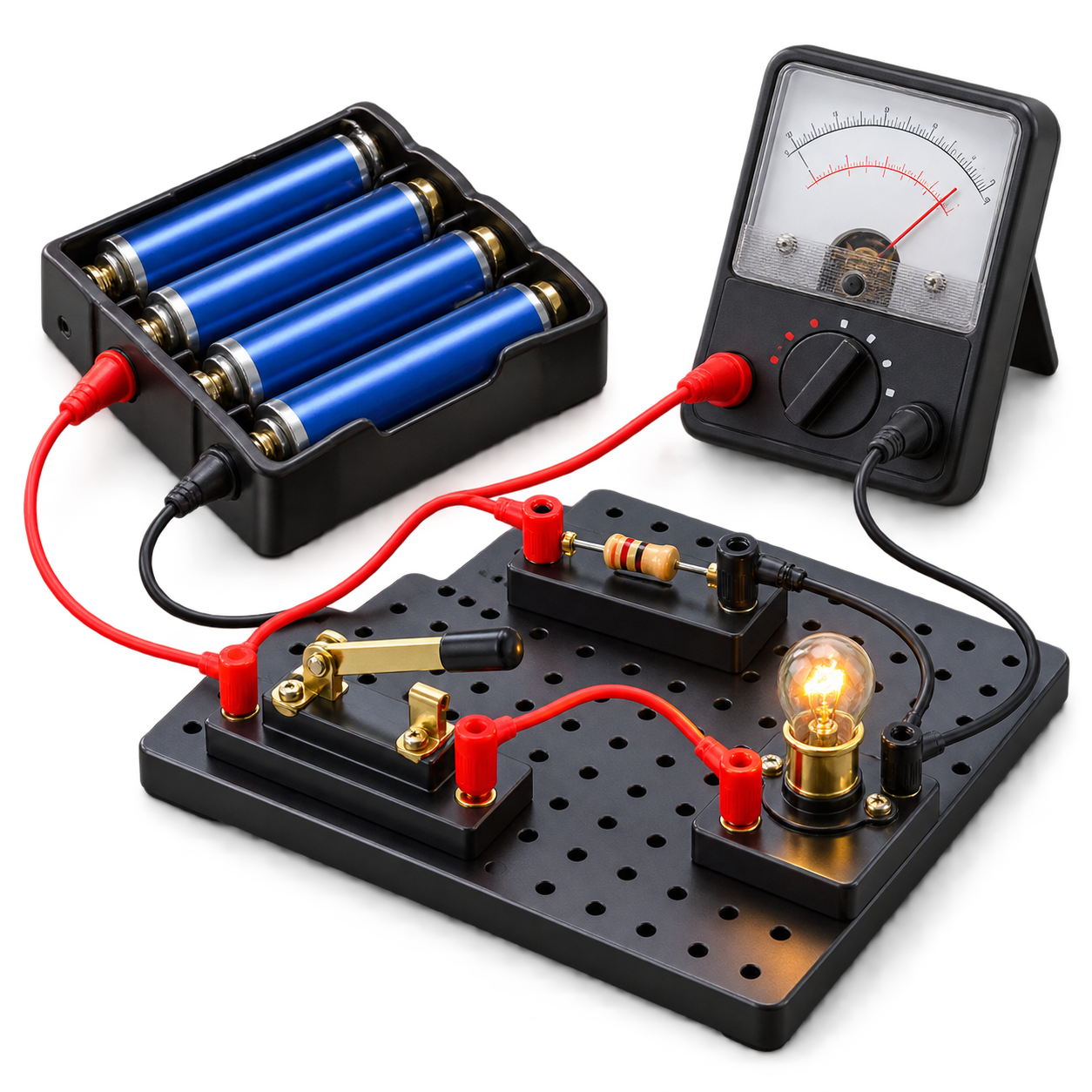 Classroom circuit kit with four matching AA batteries, switch, resistor, glowing lamp, leads, and analog meter