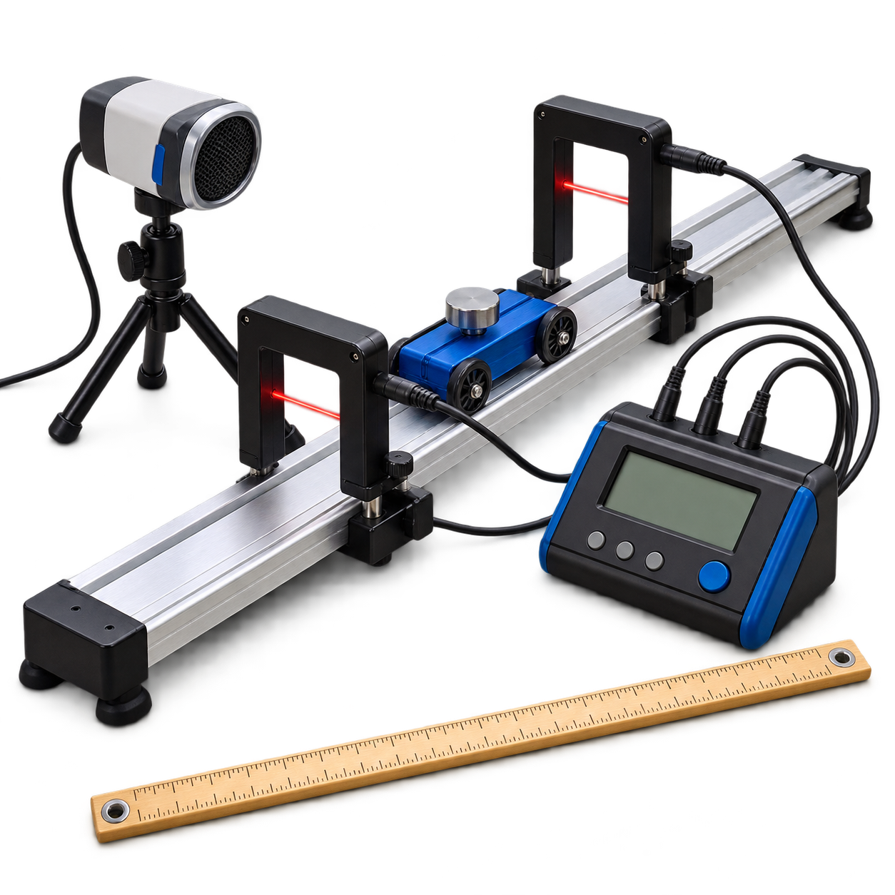 Motion lab kit with dynamics cart, track, two photogates, motion sensor, timer, and meter stick