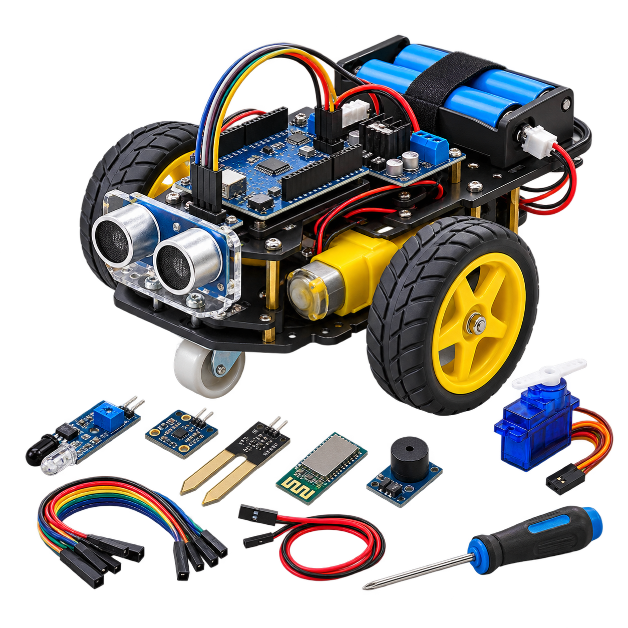 Classroom robotics kit with wheeled chassis, controller board, distance sensor, motors, servo, and tools